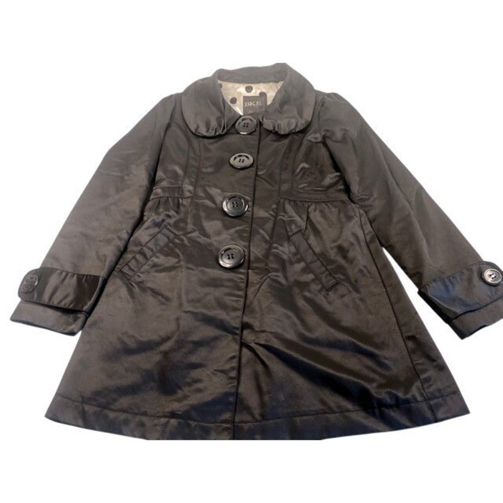 BKE Black Satin Button Front A-Line‎ Polka Dot Lining Trench Coat Women Size S